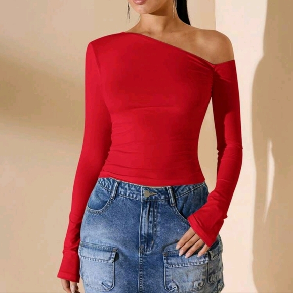 WomenAutumn/Winter Plain White Asymmetric Shoulder Slim Fit Long Sleeve  T-Shirt - Picture 1 of 4